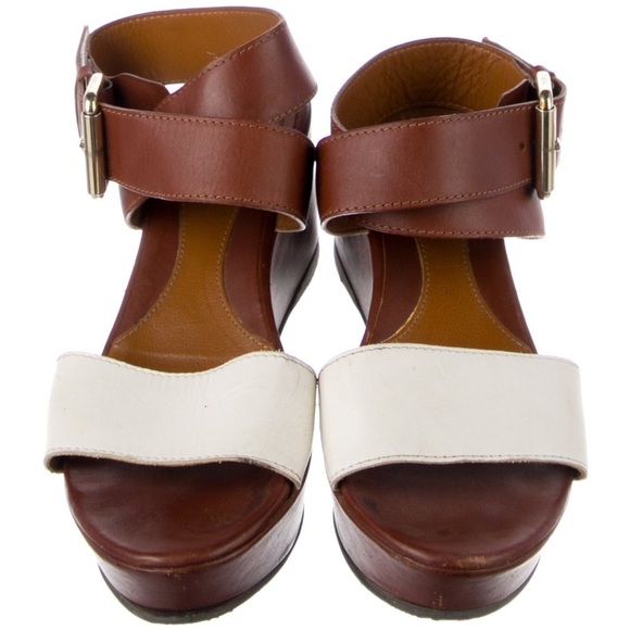 Fendi Two-tone Brown White Leather Platform Sandals Wedge Platform Designer 37.5 - Picture 1 of 9